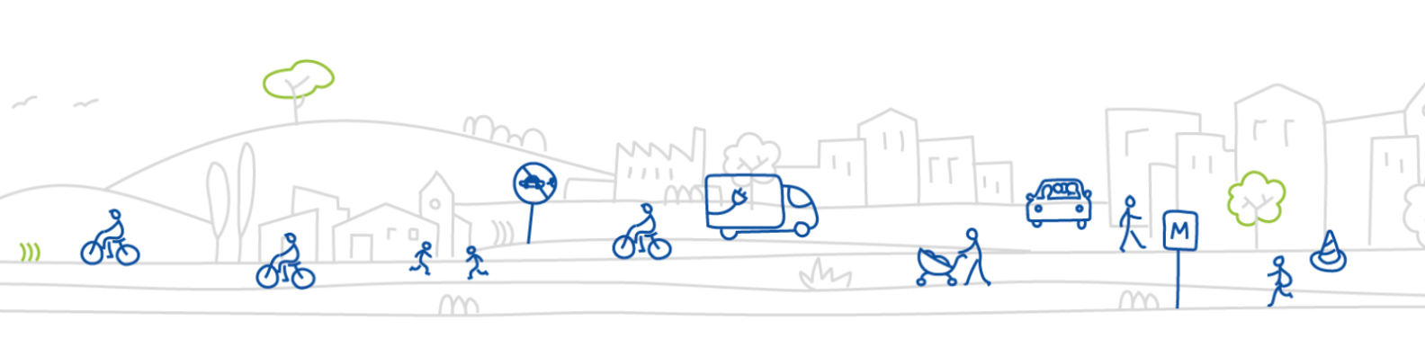 Illustration of cyclists, pedestrians, an electric van and a city skyline representing sustainable urban mobility